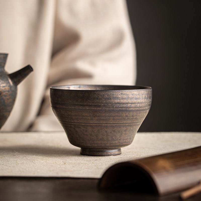 复古鎏金粗陶茶杯主人杯家用大号茶盏功夫茶具陶瓷单杯手工品茗杯