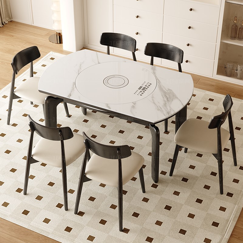 实木餐桌家用可伸缩方圆两用多功能带电磁炉转盘岩板饭桌现代简约