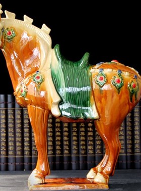 唐三彩马陶瓷马摆件三花高樱大马工艺品礼品办公家居客厅酒柜摆设