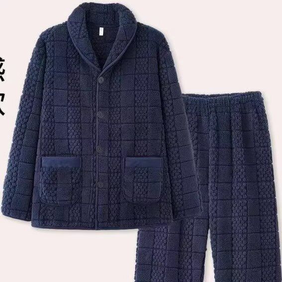 睡衣男秋冬款法兰绒加厚加绒保暖珊瑚绒翻领冬天开衫家居服套装