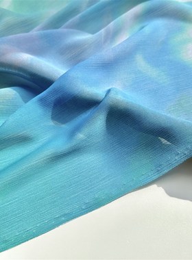 垂感半透抗皱 绿色蓝色渐变扎染印花双绉肌理雪纺面料设计师布料