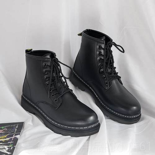 高档秋男冬加棉鞋黑色绒马丁靴网红英伦风靴雪地皮靴ins工装高帮