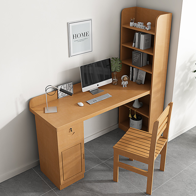 实木转角书桌书架组合一体电脑桌儿童台式写字桌学生简约卧室家用