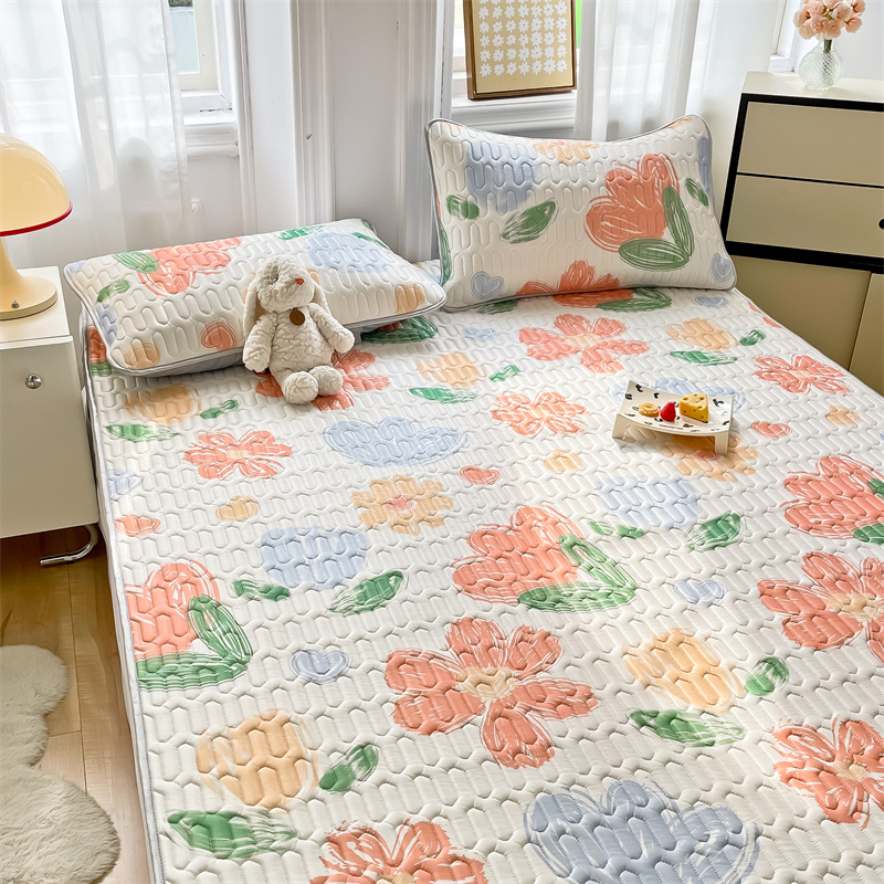 小清新加厚凉感丝乳胶凉席件套款卡通花卉可爱宿舍家用舒适可机洗