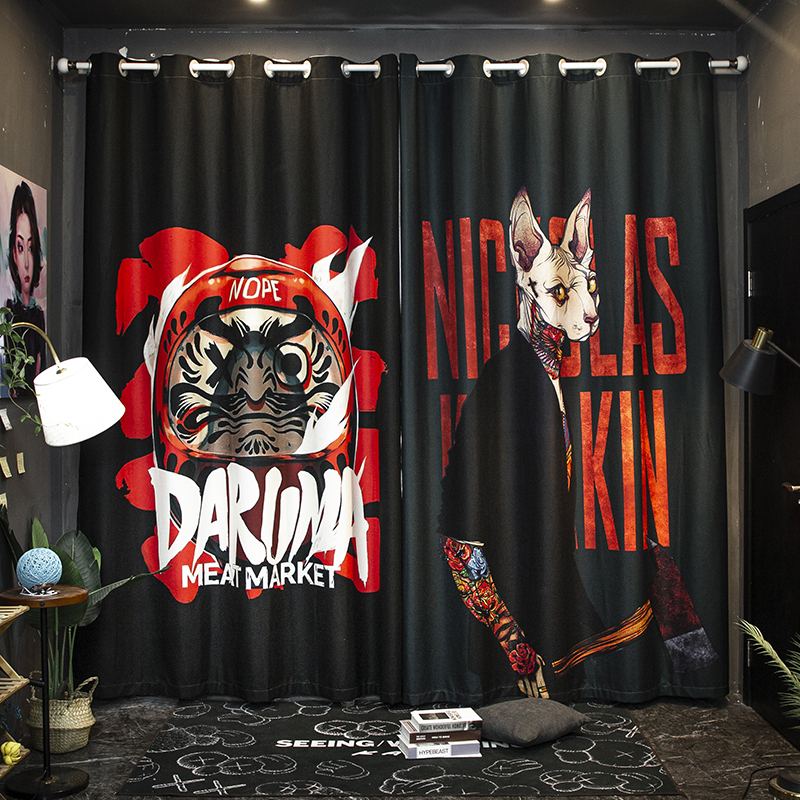 新品社会猫粗麻高精密窗帘工业风黑色潮男卧室遮光遮阳客厅落地窗