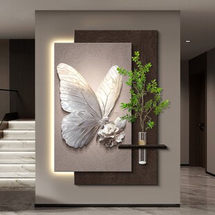 蝴蝶玄关装饰画立体砂岩入户壁画水培绿植过道走廊灯画2025新款画