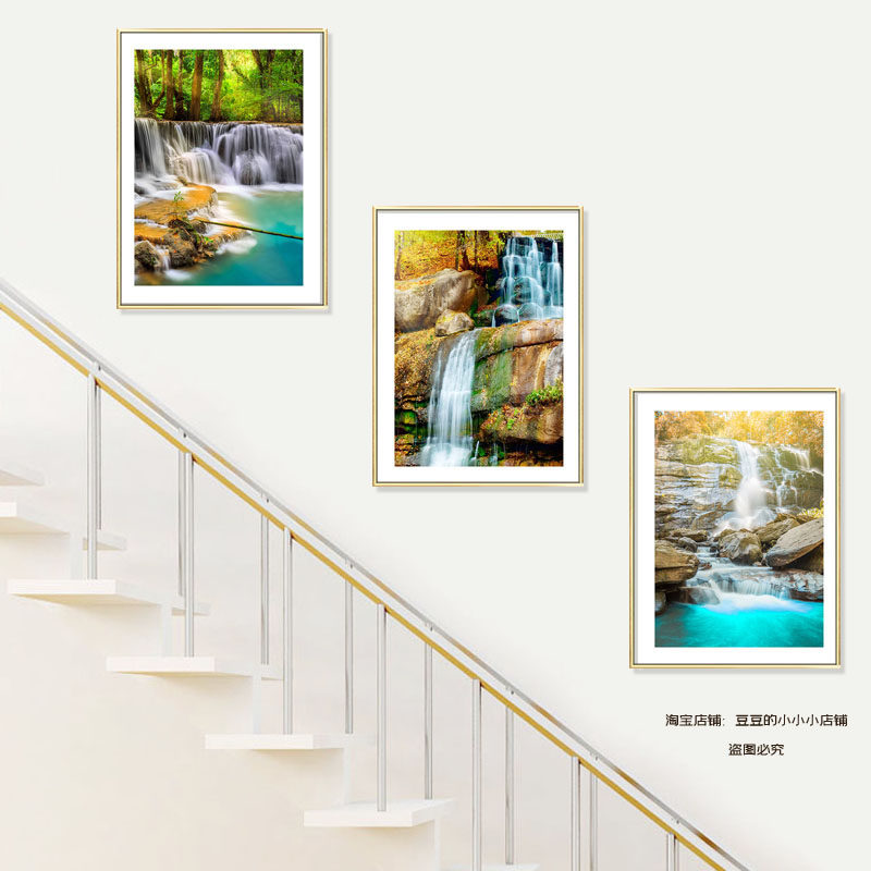 楼梯间装饰画瀑布风景挂画玄关客厅餐厅过道酒店墙壁画简约有框画