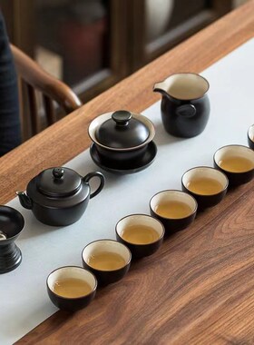 唐月窑黑色功夫茶具家用简约陶瓷盖碗套装德中茶壶办公室会客送礼