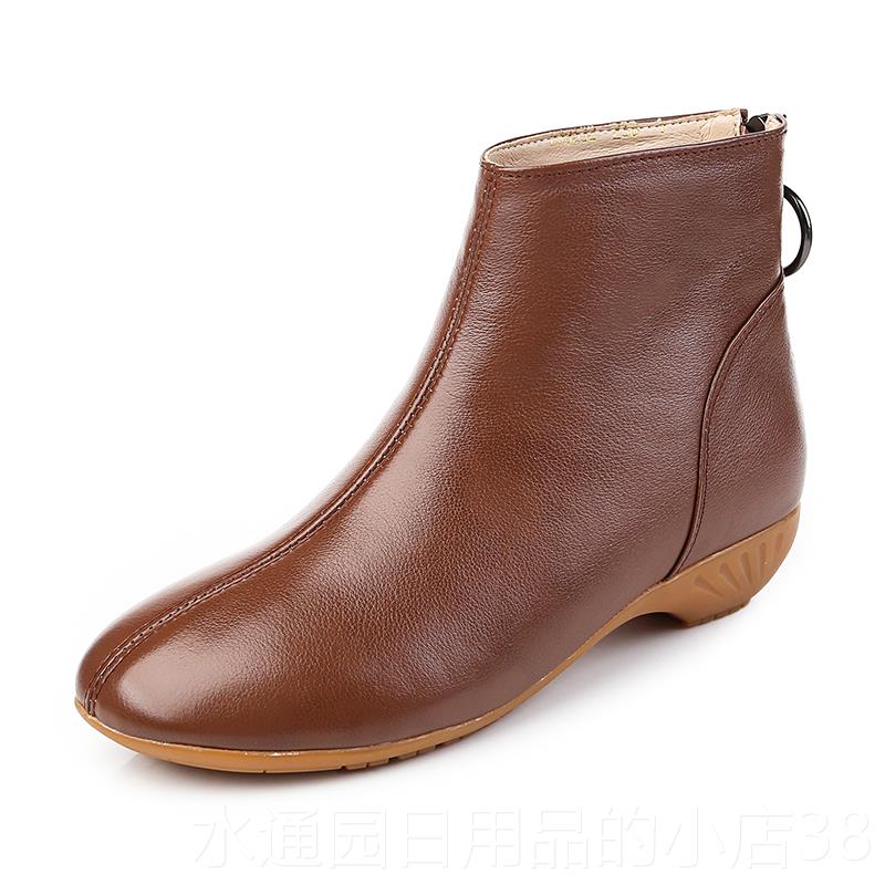 正品02款平底短靴4女春秋冬单靴子牛筋软底孕妇棉鞋真2皮鞋大码新