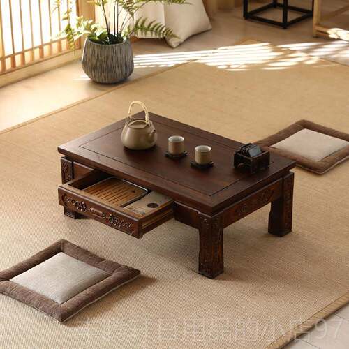 正品包邮彷古雕花榻茶几老米榆木炕桌木矮桌中式抽屉地榻台实矮桌