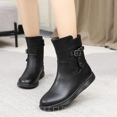 正品真皮平底短靴女204秋新款冬季孕休闲妇软2皮软底女鞋妈妈加绒