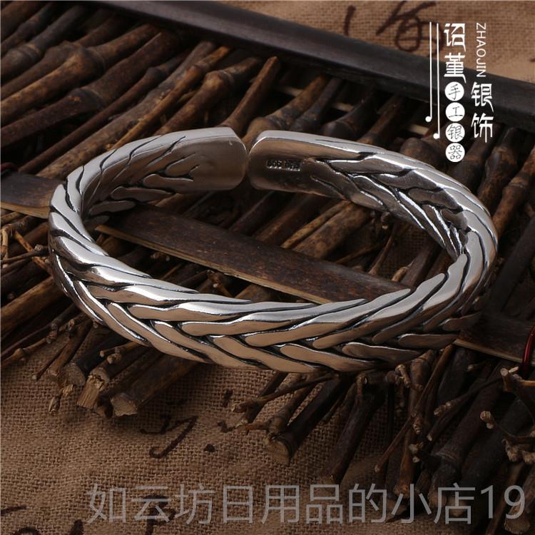 正品手工编999足银男女情泰银手镯口九股编织缠织绵麻开花纯银侣