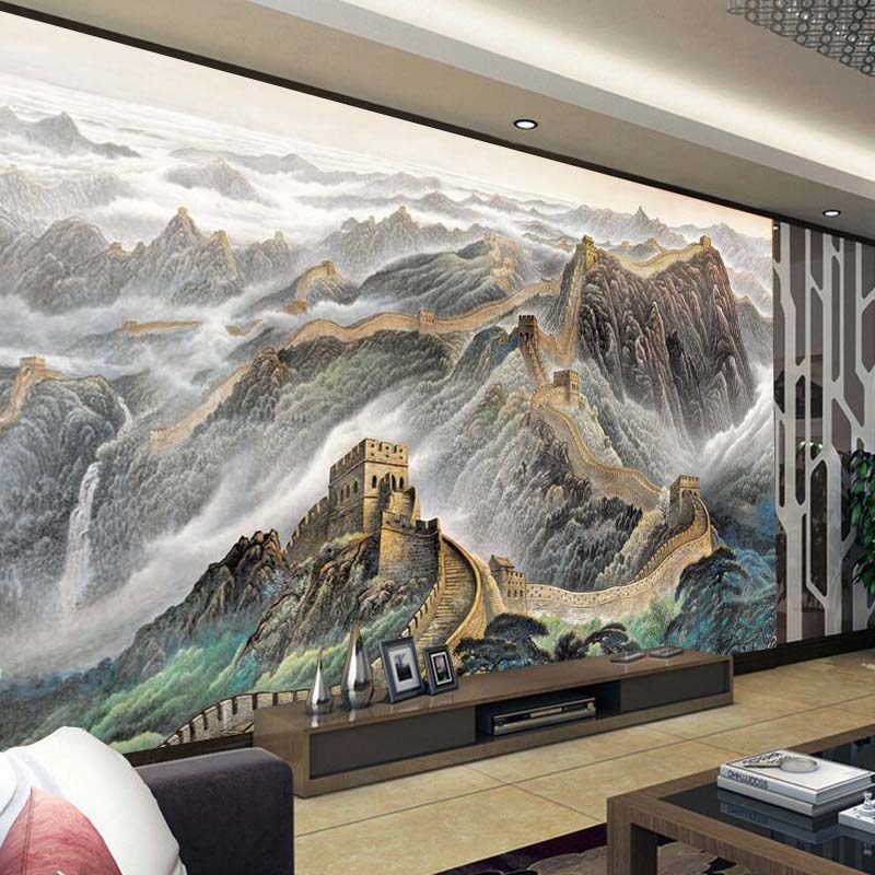 万里长城壁画3D立体电视背景墙纸墙布宣绒布客厅书房装修壁纸壁布