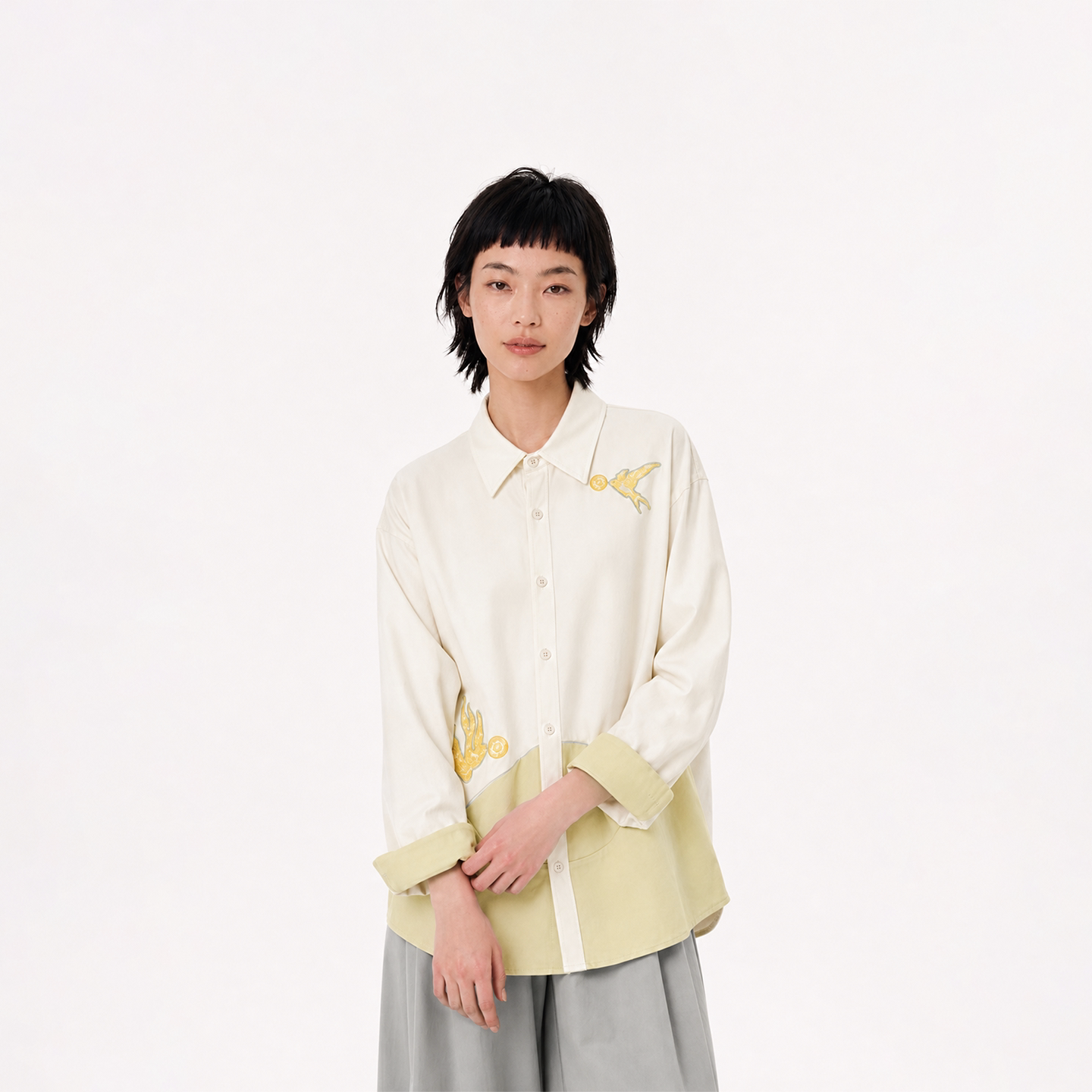亣吉DaGee早秋撞色拼接设计感长袖衬衫外套女复古刺绣气质上衣男图片