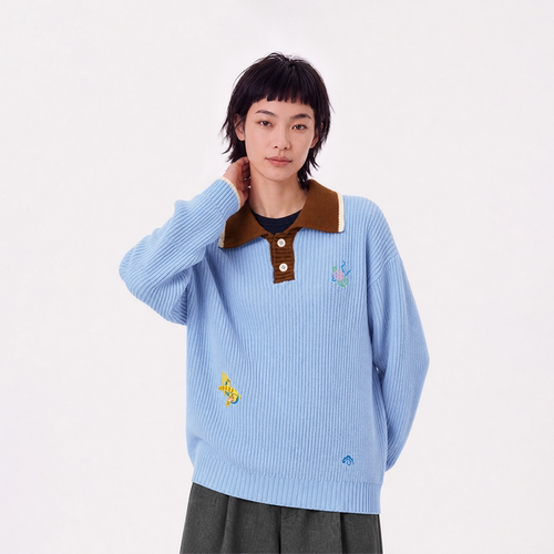 亣吉DaGee宽松撞色羊毛毛衣女刺绣POLO领针织衫慵懒学院风上衣秋