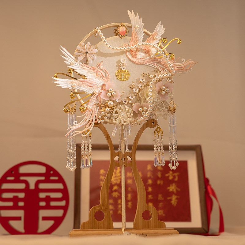 团扇新娘结婚喜扇成品新婚中式婚礼出嫁粉色秀禾扇手工diy材料包