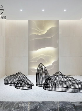 由居酒店售楼处大堂镂空铁艺假山干景庭院水池楼梯橱窗装饰品摆件