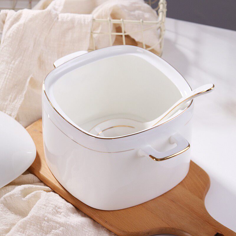 景天合金边带盖汤盆汤锅家用耳大碗大号骨瓷汤碗宫廷煲陶瓷品锅