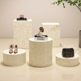 圆形水磨石摆台客厅玄关地台电视柜旁落地柱子木墩摆件底座雕塑台