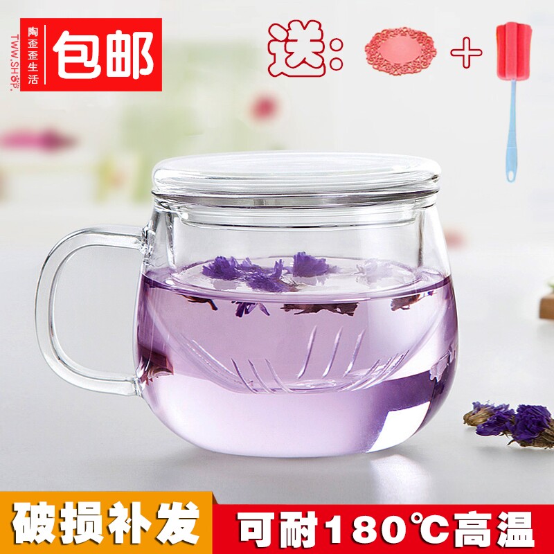 物生物过滤玻璃杯透明家用办公茶水分离泡茶杯带把女花茶杯水杯子