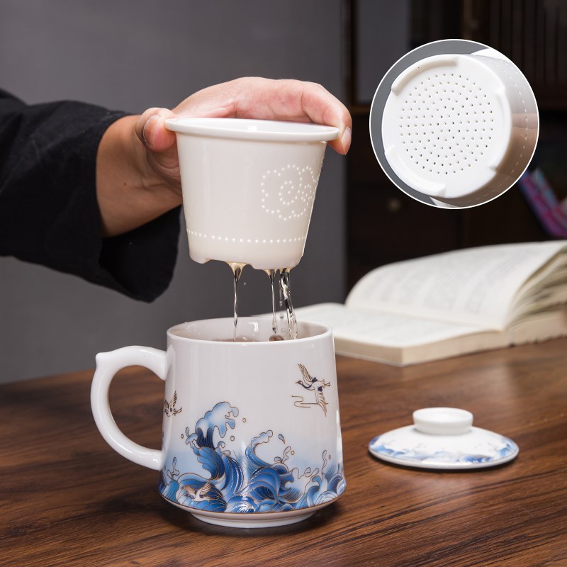 复古高档带盖过滤茶水分离陶瓷杯办公室大容量泡茶三件套支持定制