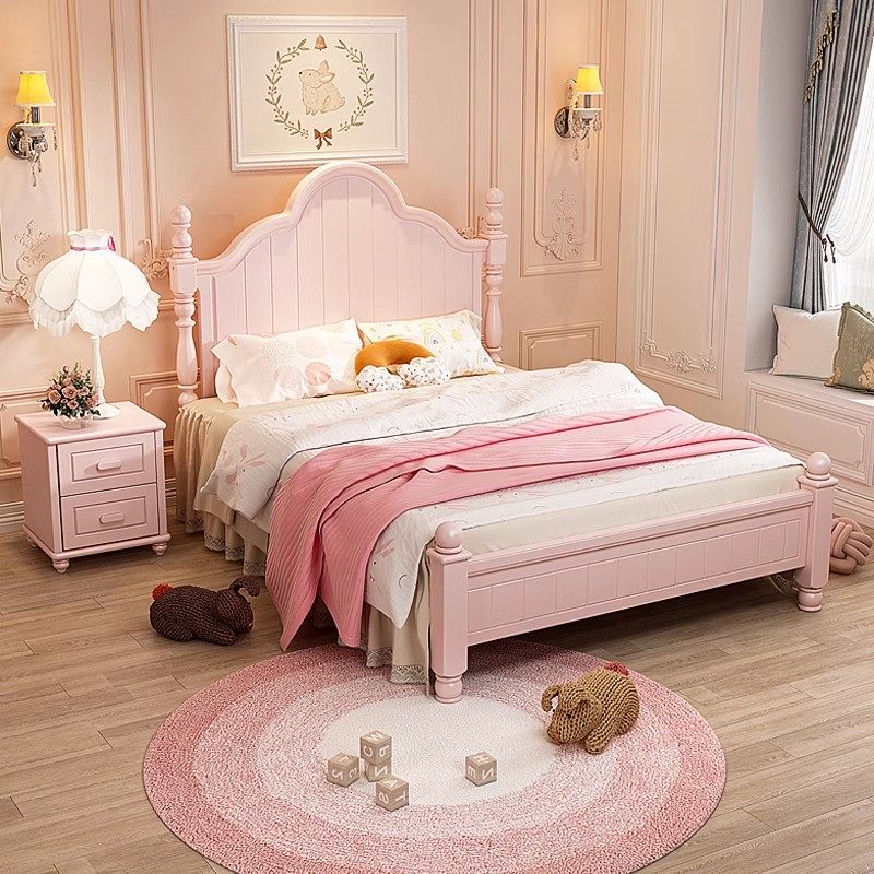 七叶木儿童床女孩公主床欧式全实木原木1.5米女生1.2m粉色单人床