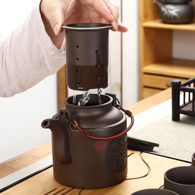 宜兴紫砂壶大容量带过滤内胆复古茶具提梁壶泡茶壶茶杯茶碗特大号