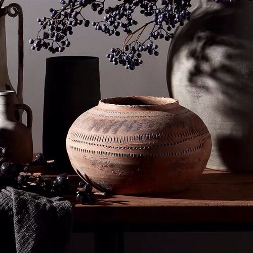 侘寂风粗陶花瓶手工陶瓷花器样板间异域风民宿东南亚风创意摆件