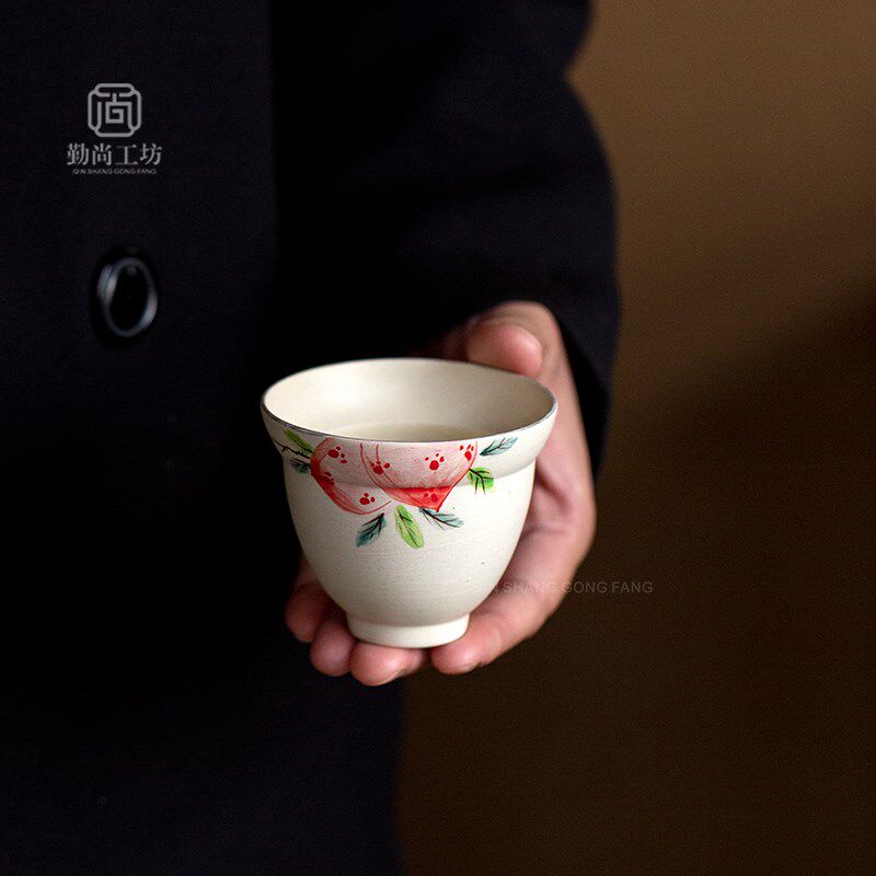 诧寂风粉引手绘寿桃葫芦杯 家用陶瓷品茗杯主人杯功夫茶具小茶杯