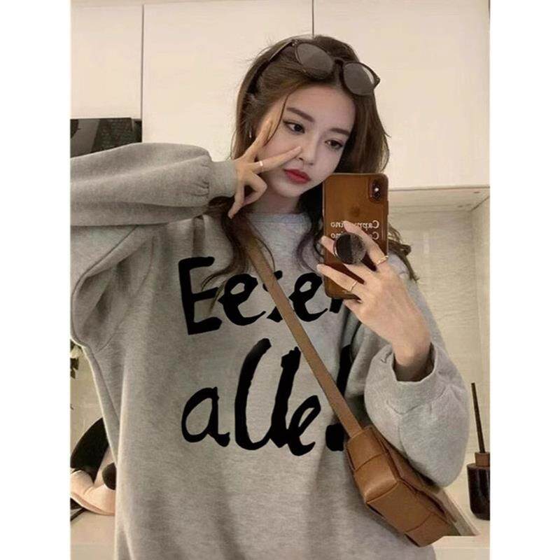 灰色美式复古字母印花休闲圆领卫衣外套女秋冬宽松显瘦慵懒风上衣