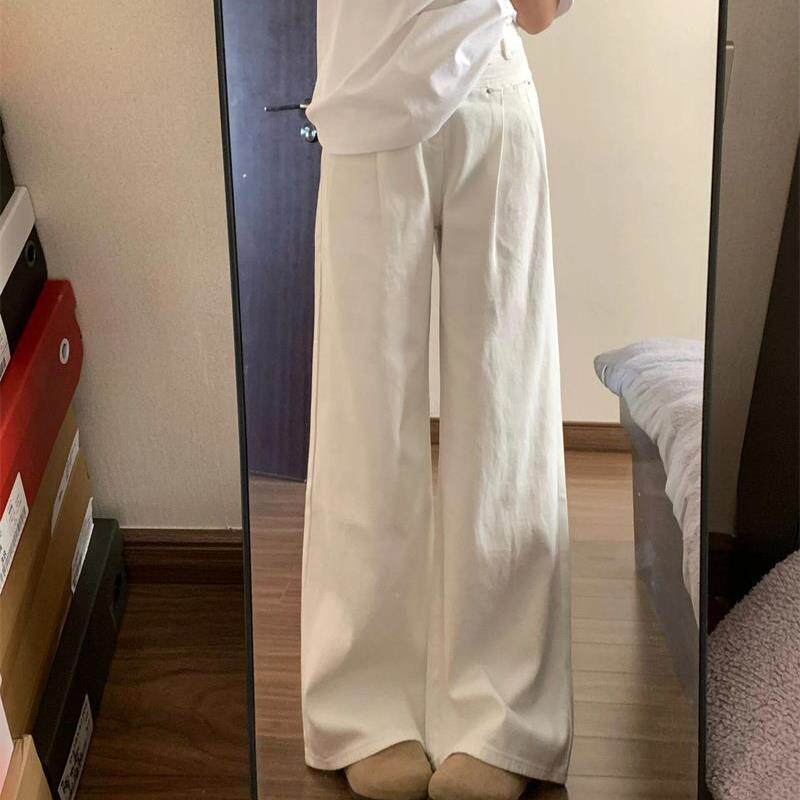 白色高腰牛仔裤2025春秋季新款显瘦宽松褶皱阔腿直筒休闲垂感长裤