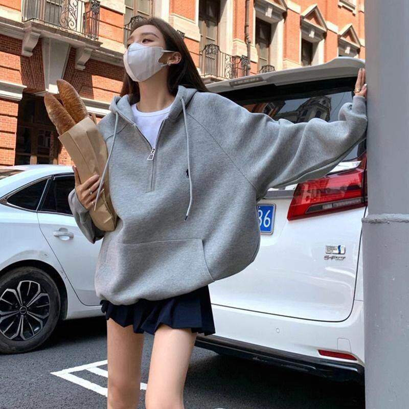 美式复古灰色连帽卫衣女2025秋季新款宽松休闲半拉链显瘦长袖外套