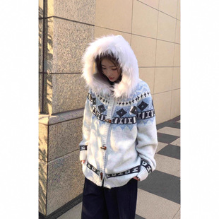 韩系氛围感穿搭费尔岛连帽针织开衫绝美巨好看慵懒风毛衣外套