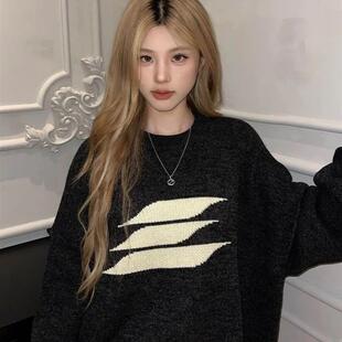 日系简约慵懒风复古圆领黑色套头毛衣女秋冬季针织衫宽松长袖上衣