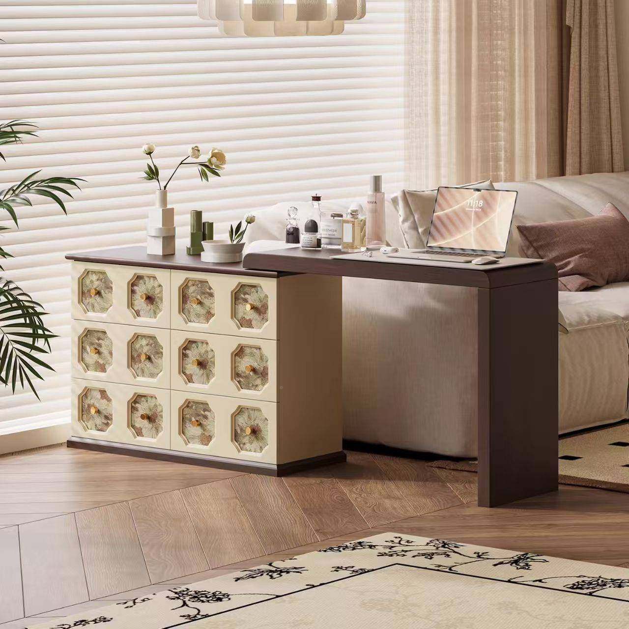 新中式梳妆台现简木约实梳妆台可伸卧缩化妆台室代格DHB调化妆桌