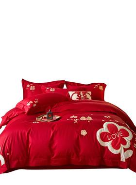 新中婚庆四件套否UGP棉全棉结婚大被红色喜庆床上用品式床单纯被