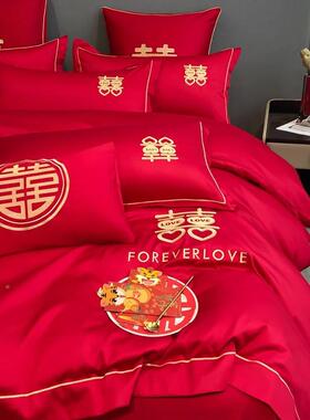 结床PXN上用婚品四件单套婚庆红色婚喜被房床被套被单婚礼新婚轻