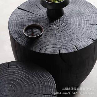 寂风诧炭烧黑色91311木墩木茶几原木碳化客厅沙发实树边几创意桩