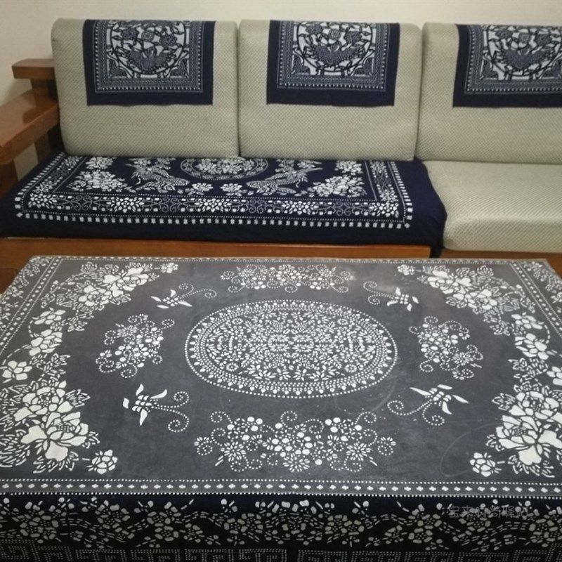 全棉蜡染中式惮意老粗布140*200CM条桌布双面手工花卉台布民族风