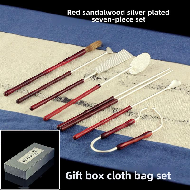 黑檀黄铜镀银香具七件套 香道用具用品香薰篆香隔火熏玩家工具