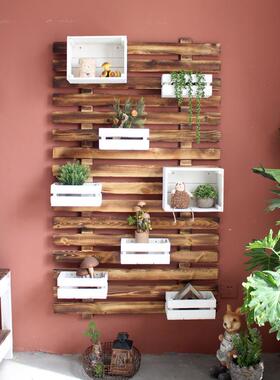 复古墙置物架木多功能XNH挂储物格多肉花盆实收面纳架阳台花壁园