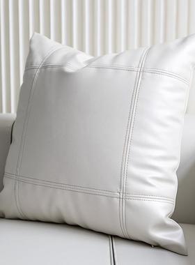 奶靠油白色珠计光计皮革压线拼接设款抱枕套软装设师样板间枕ZZK