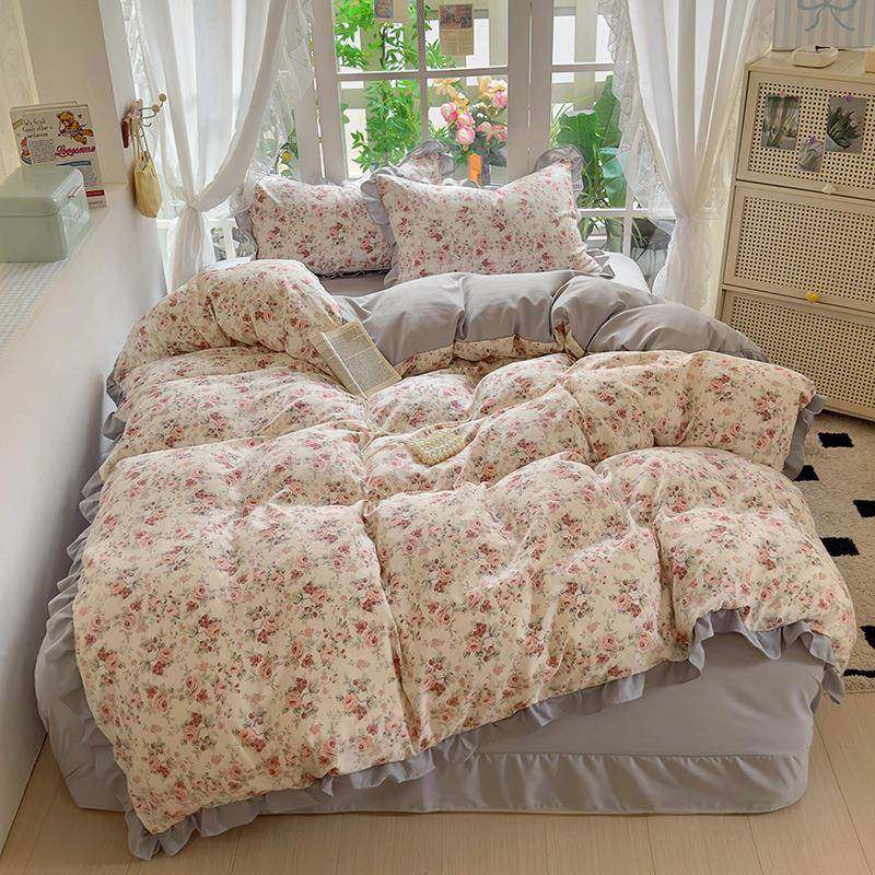 2025新款韩版花000-1边软糯针织层双纱四套纯棉被套三件件套床单,床上用品,床品套件/四件套/多件套,淘宝优惠券,粉丝福利购,淘宝优惠卷