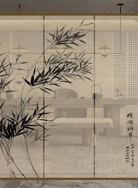 新式水墨断竹画双景面透屏风纱OLZ卷帘隔帘挂帘窗帘玄中关透光纱