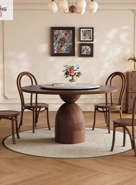 中小古风白蜡木圆桌带转IIJ盘户型圆形饭桌复椅古黑色全实餐木桌