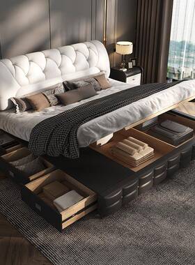 W*TYO床皮床卧现代简约双人主床2米2米2大床大x气抽屉储物婚软包