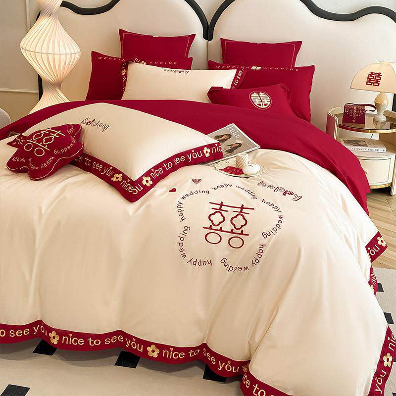 高端婚庆结00支长绒棉四套婚陪嫁1全棉红色床件单WZ100844床笠款