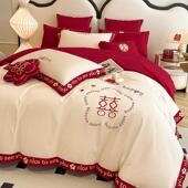 高端婚庆结00支长绒棉四套婚陪嫁1全棉红色床件单WZ100844床笠款