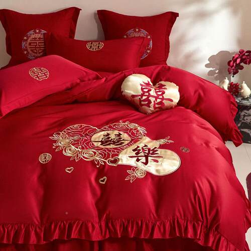 床裙款20250408婚庆四件夏季冰色丝结婚床上用套品花边款被大红婚