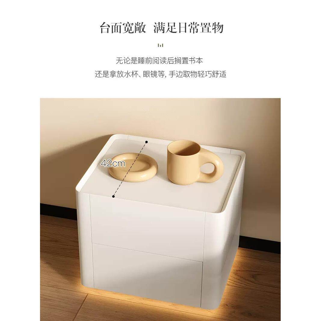 法式床柜现代UYC头简约收儿童房实智能床头柜安全烤漆纳柜木奶油